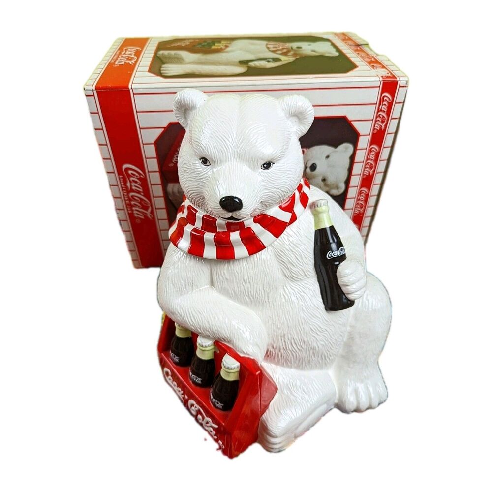 VTG'98 Limited Ed Coca-Cola Cookie Jar Polar Bear In Red Scarf W/6 Pack In Box